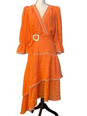 Cristina Sabatini Women’s Orange Belted Asymmetrical Summer Resort Dress size 8
